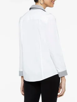 Stripe Trim Stretch Cotton Button-Up Shirt