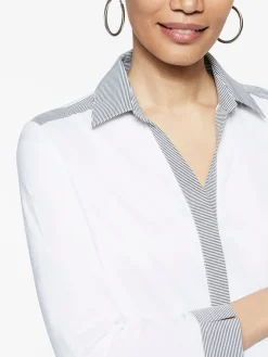 Stripe Trim Stretch Cotton Button-Up Shirt
