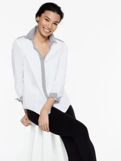 Stripe Trim Stretch Cotton Button-Up Shirt