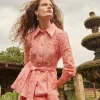 Tailored Fit Button Front Jacket - Belted Fringe Applique Cotton