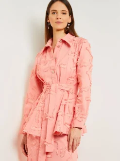 Tailored Fit Button Front Jacket - Belted Fringe Applique Cotton
