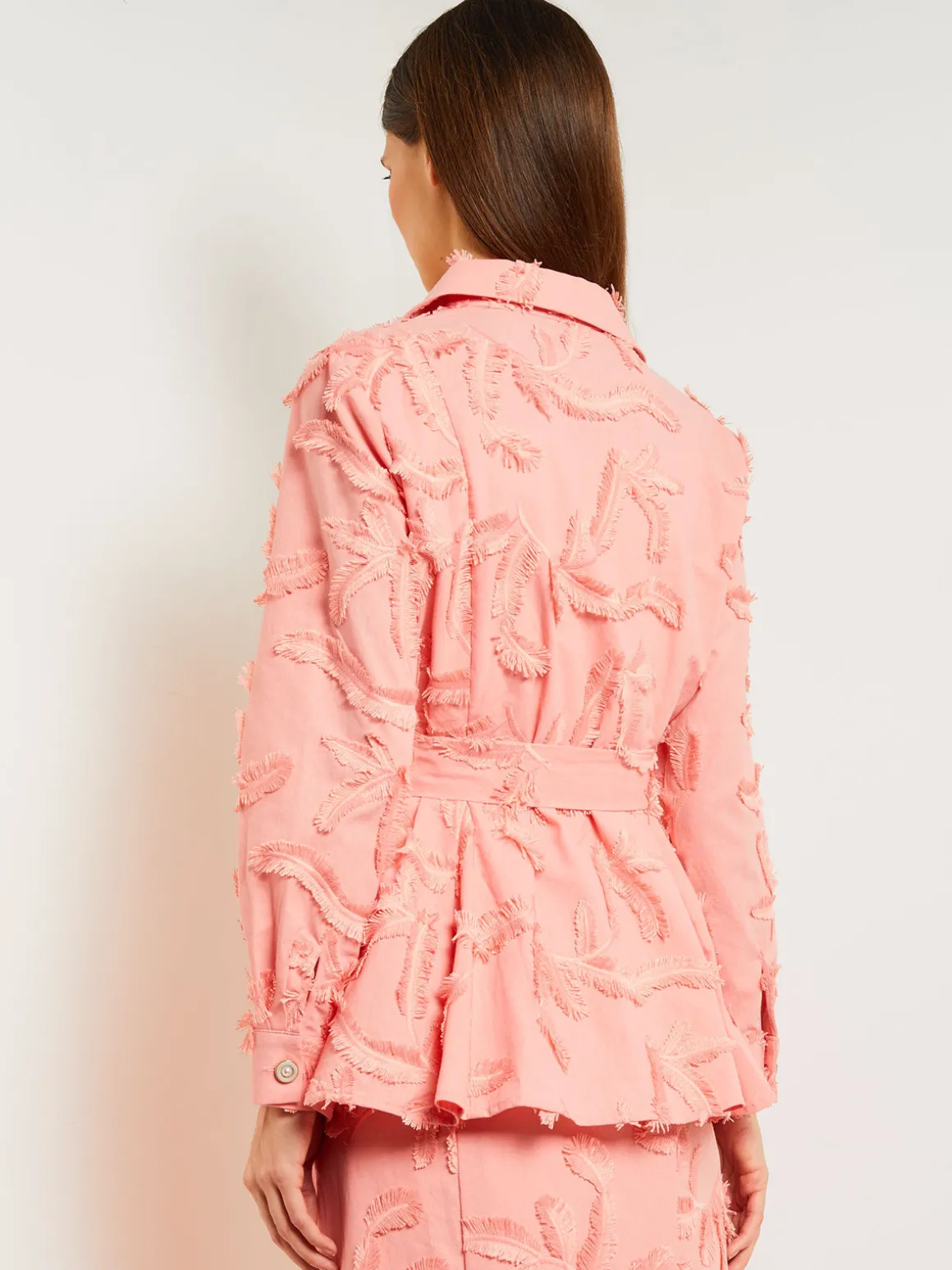 Tailored Fit Button Front Jacket - Belted Fringe Applique Cotton
