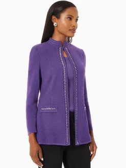 Tailored Fit Crocheted Chain Trim Textured Knit Jacket