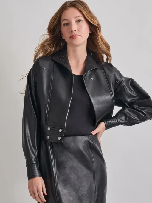 Vegan Leather Cropped Moto Jacket - Knit Dress Misook