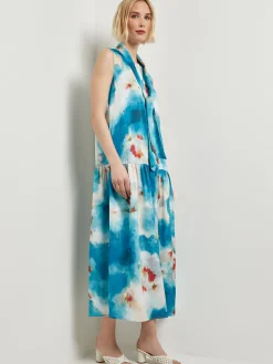 Watercolor Removable Shawl Collar Crepe Maxi Dress