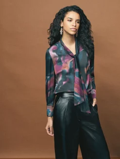 Watercolor Tie Neck Crepe de Chine Blouse